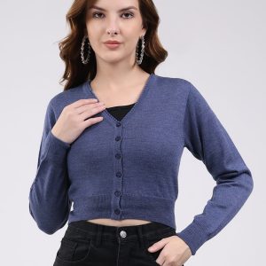 Women Navy Blue Solid V Neck Full Sleeve Blouse