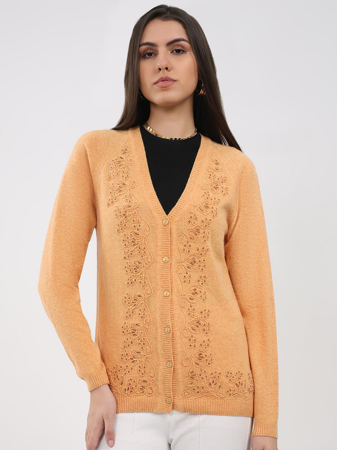 Women Peach Self Design V Neck Full Sleeve Cardigan