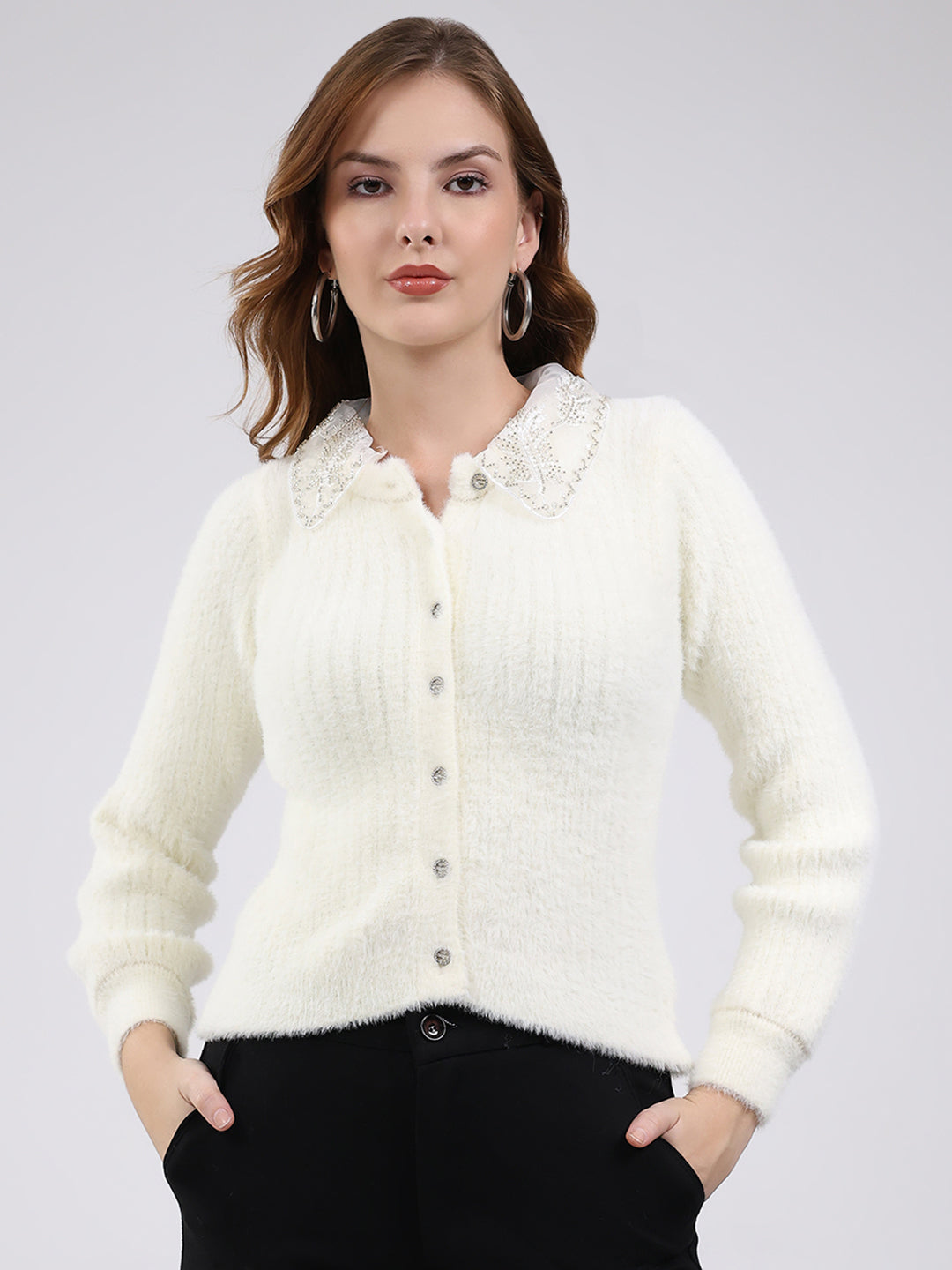 Women White Self Design Collar Full Sleeve Cardigan