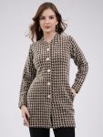 Women Brown Self Design Round Neck Full Sleeve Knitted Coat