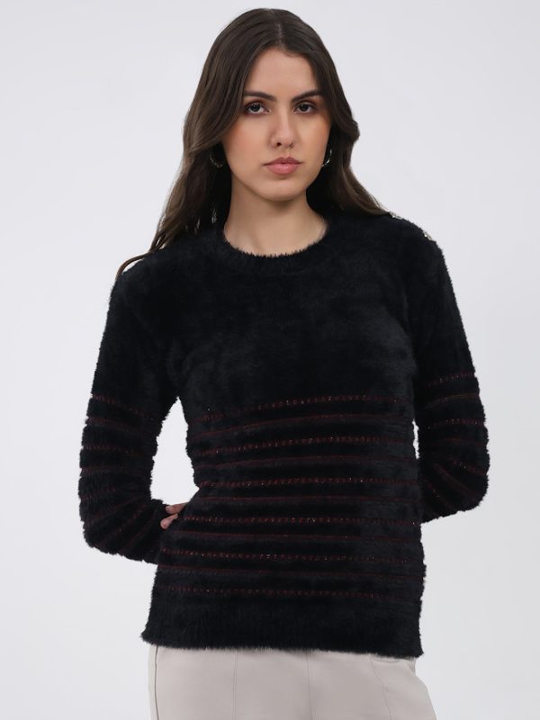 Women Black Printed Round Neck Full Sleeve Winter Top