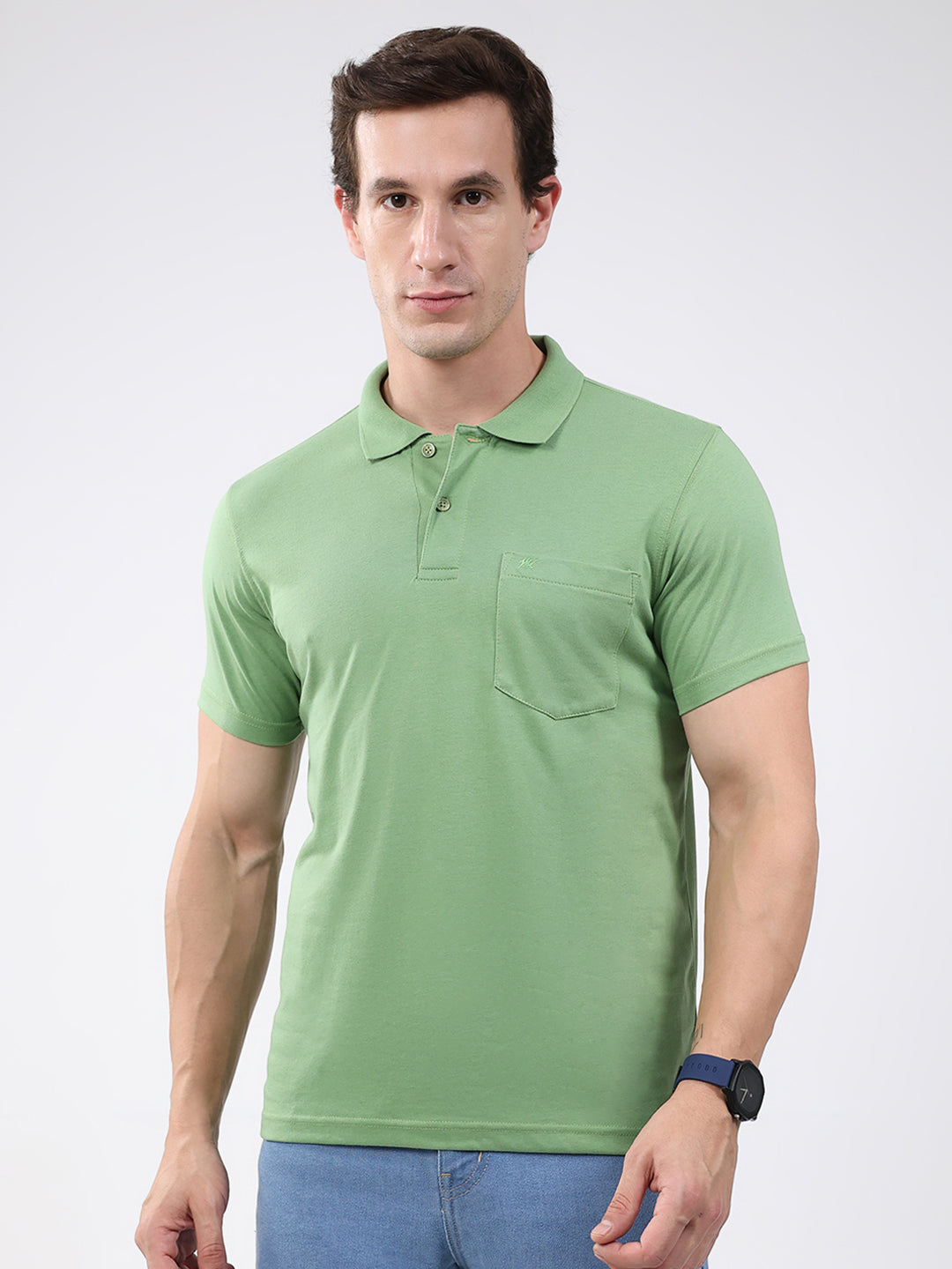 Men Green Solid Collar Half Sleeve T-Shirt
