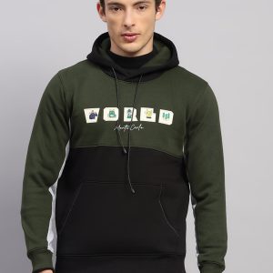 Men Olive Solid Hooded Full Sleeve Sweatshirt