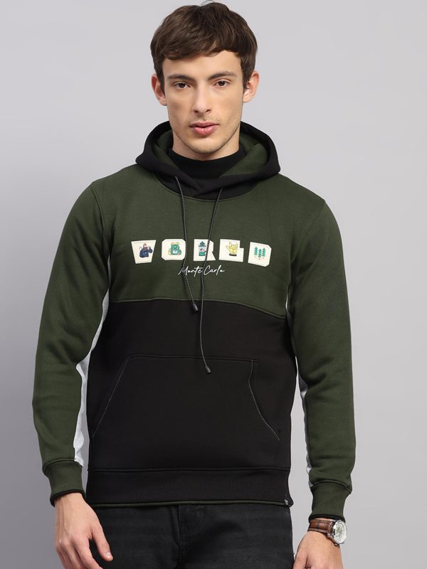 Men Olive Solid Hooded Full Sleeve Sweatshirt