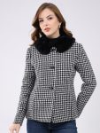 Women Black Self Design Collar Full Sleeve Coat