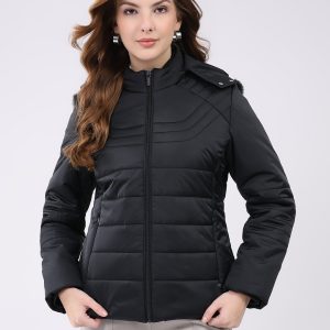 Women Black Solid Hooded Full Sleeve Jacket