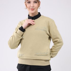 Women Beige Printed Round Neck Full Sleeve Sweatshirt