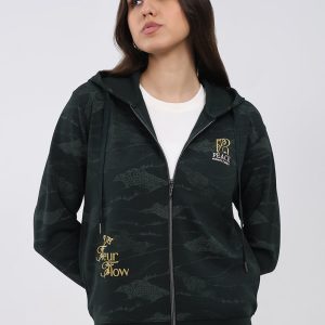 Women Dark Green Printed Hooded Full Sleeve Sweatshirt