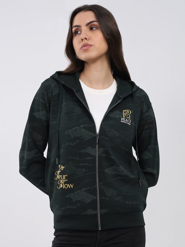 Women Dark Green Printed Hooded Full Sleeve Sweatshirt