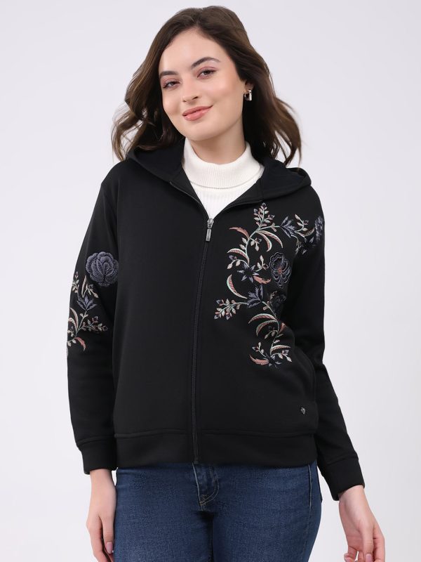 Women Black Embroidered Hooded Full Sleeve Sweatshirt