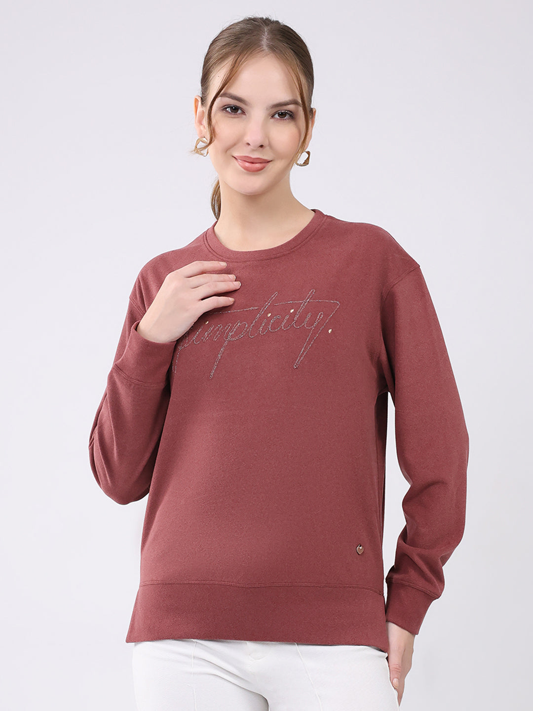 Women Burgundy Embroidered Round Neck Full Sleeve Winter Top