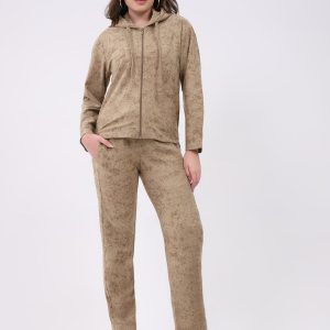 Women Beige Printed Hooded Full Sleeve Cords Set