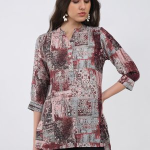 Women Burgundy Printed Round Neck 3/4th Sleeve Winter Kurti