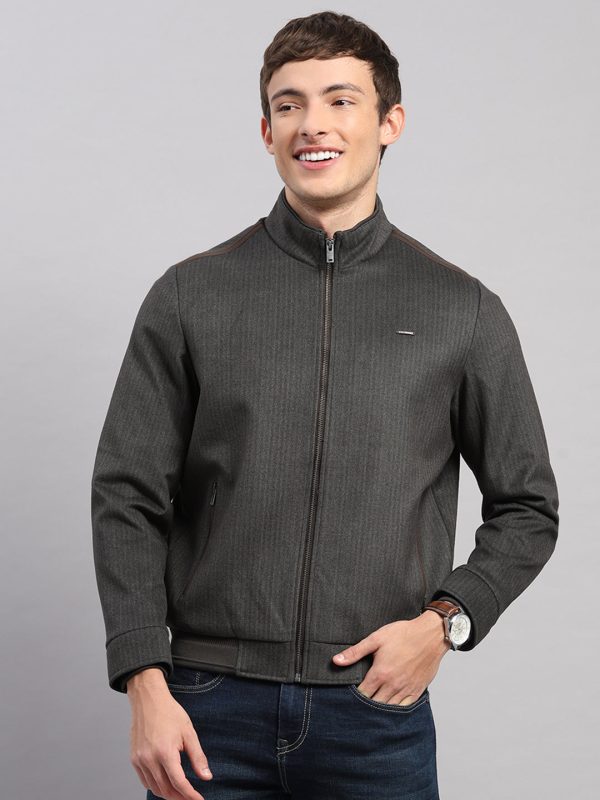 Men Brown Stripe Stand Collar Full Sleeve Jacket