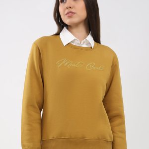 Women Mustard Printed Round Neck Full Sleeve Sweatshirt