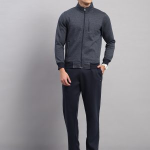 Men Navy Blue Embroidered Round Neck Full Sleeve Winter Tracksuit